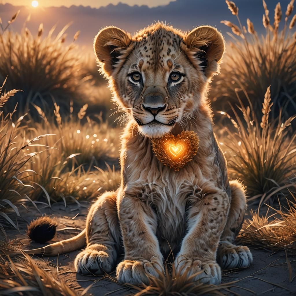 Cute Lion Cub with Glowing Heart in Savannah