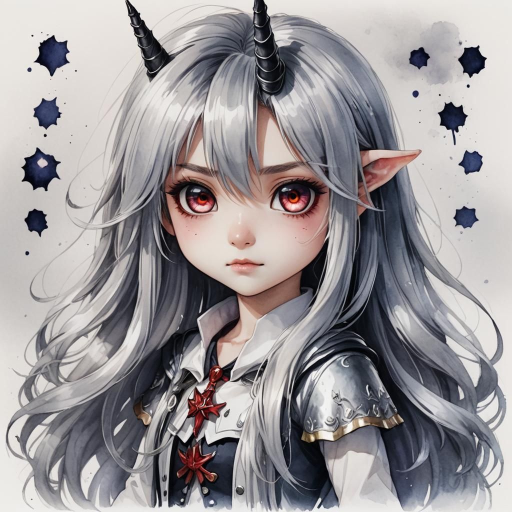 cute vampiric akame chibi unicorn, long silver straight hair, vampire, white background, warhammer 40k, photorealistic, ...