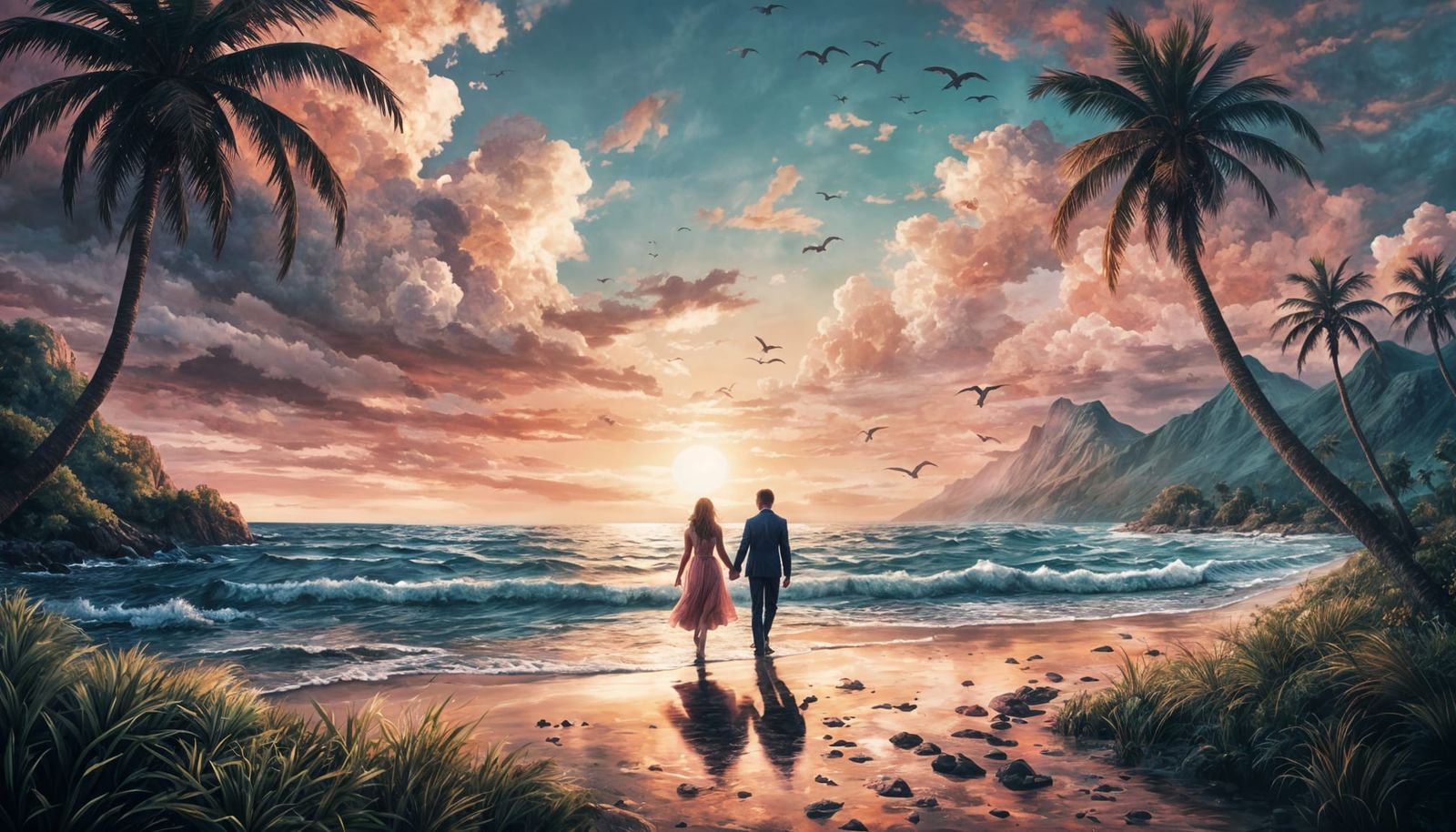 Romantic Sunset Stroll: A Renaissance-Style Oil Painting