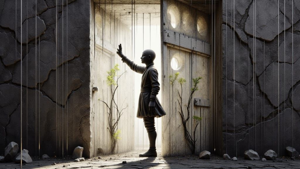 Abstract Cracked Wall With Surreal Sculptures