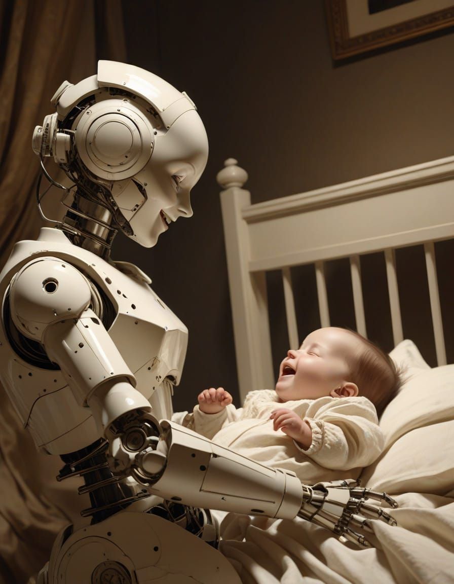 Robotic Nanny Sings Lullaby in Sepia Nighttime Scene