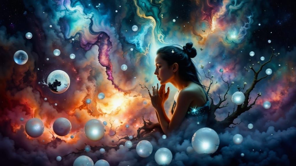 Ethereal Woman Amidst Bioluminescent Flora in Surreal Dreams...