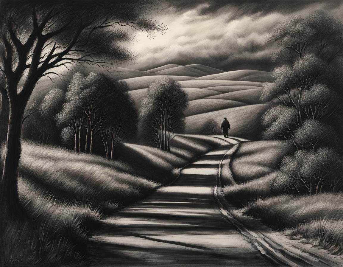 Desolate Road: Charcoal Drawing of a Lone Figure