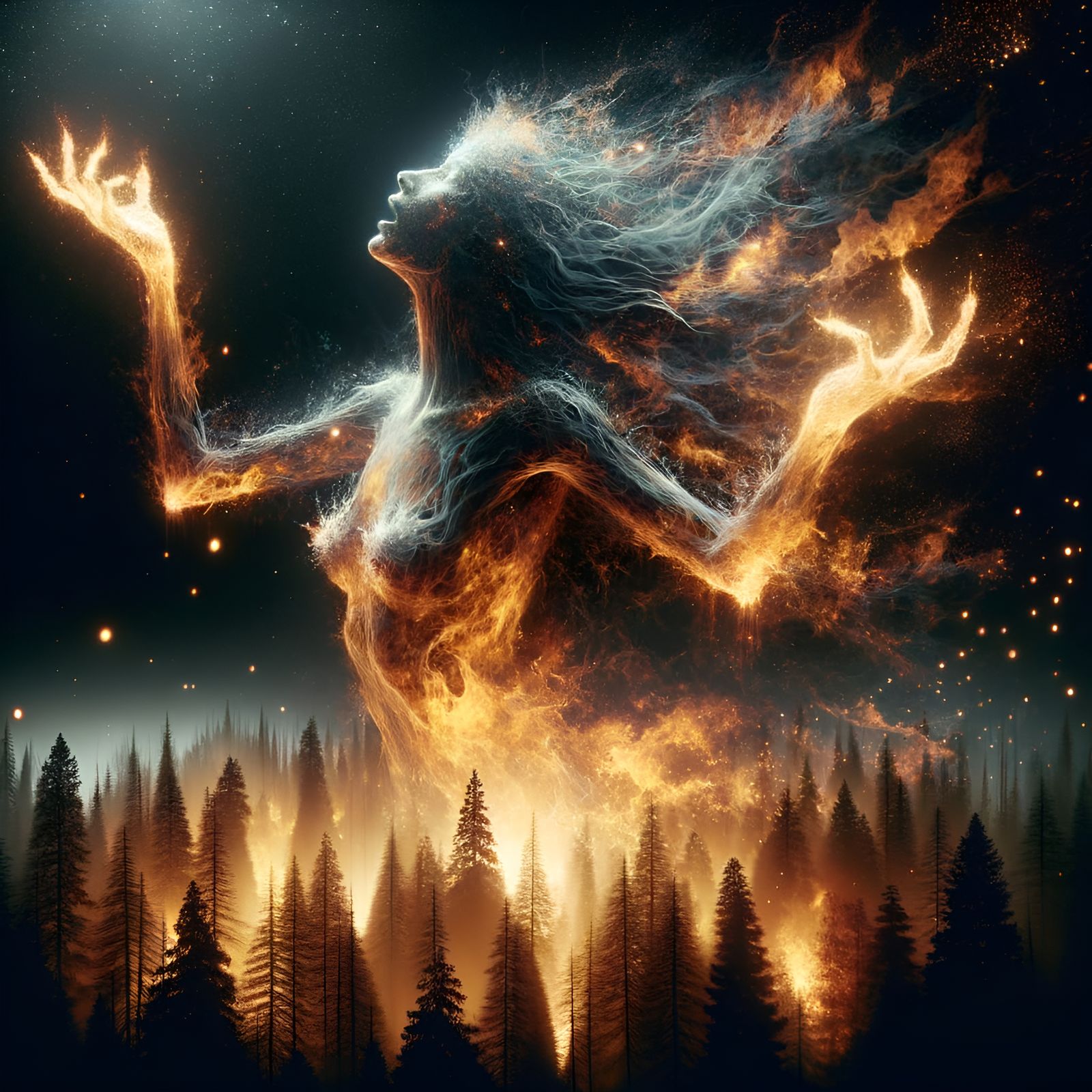 Fiery Woman Amidst Forest Inferno