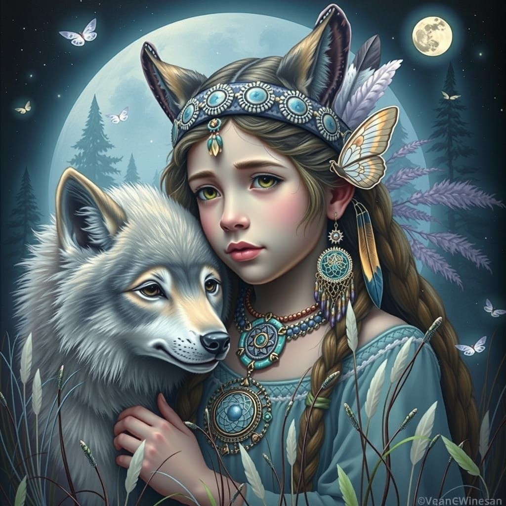 Native American Boy and Wolf Pup Howling at Moon