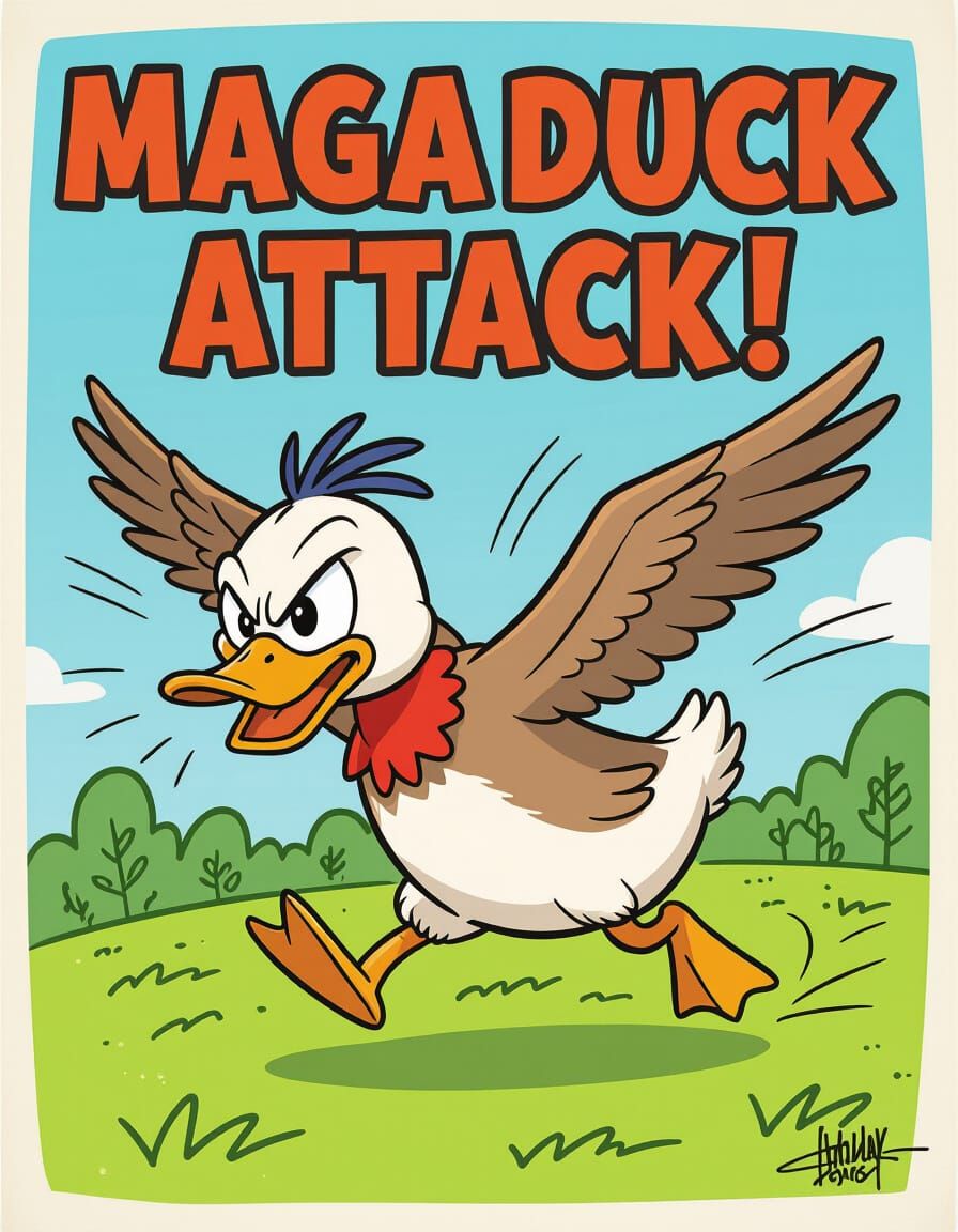 Angry Duck Charging Forward in Cartoon Style