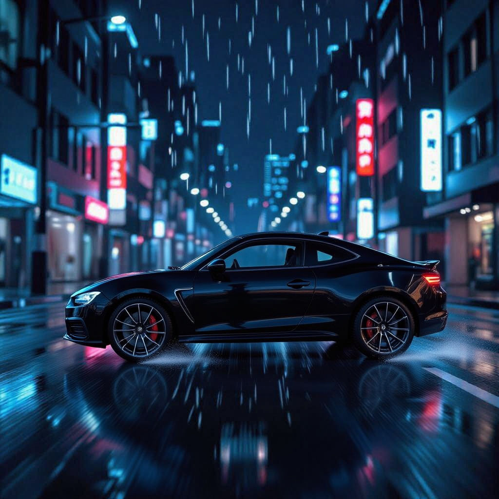 Anime-Style Sports Car Driving Through Neon City
