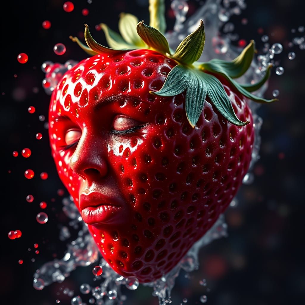 Surreal Strawberry Goddess Blows Kisses in Vibrant Splash Ar...