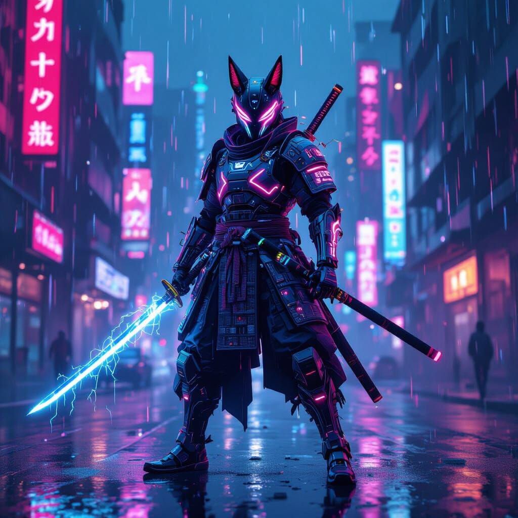 Synthwave Samurai Kitsune in Neon Cyberpunk City