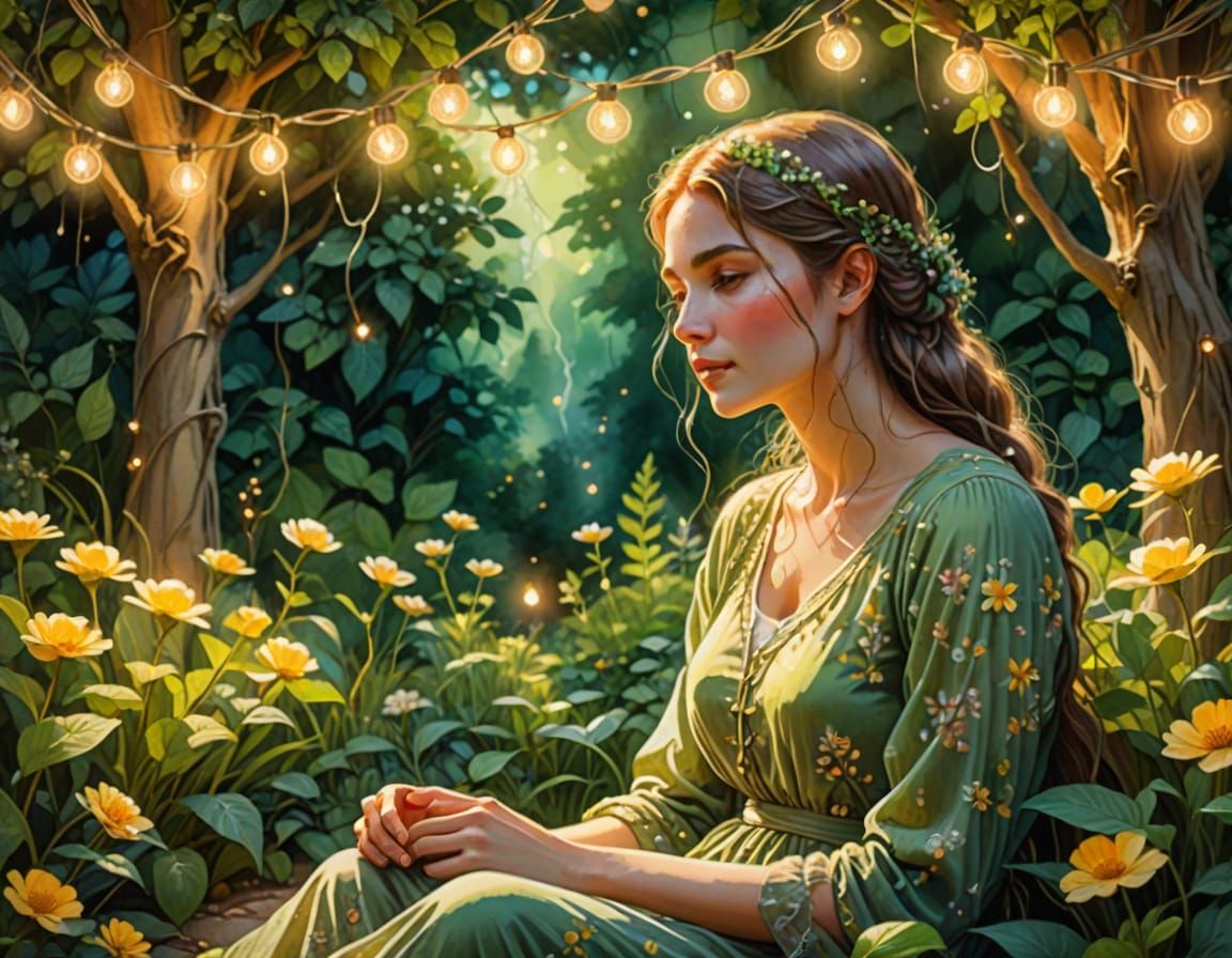 Serene Woman in a Lush Garden: Dreamy Watercolor Art