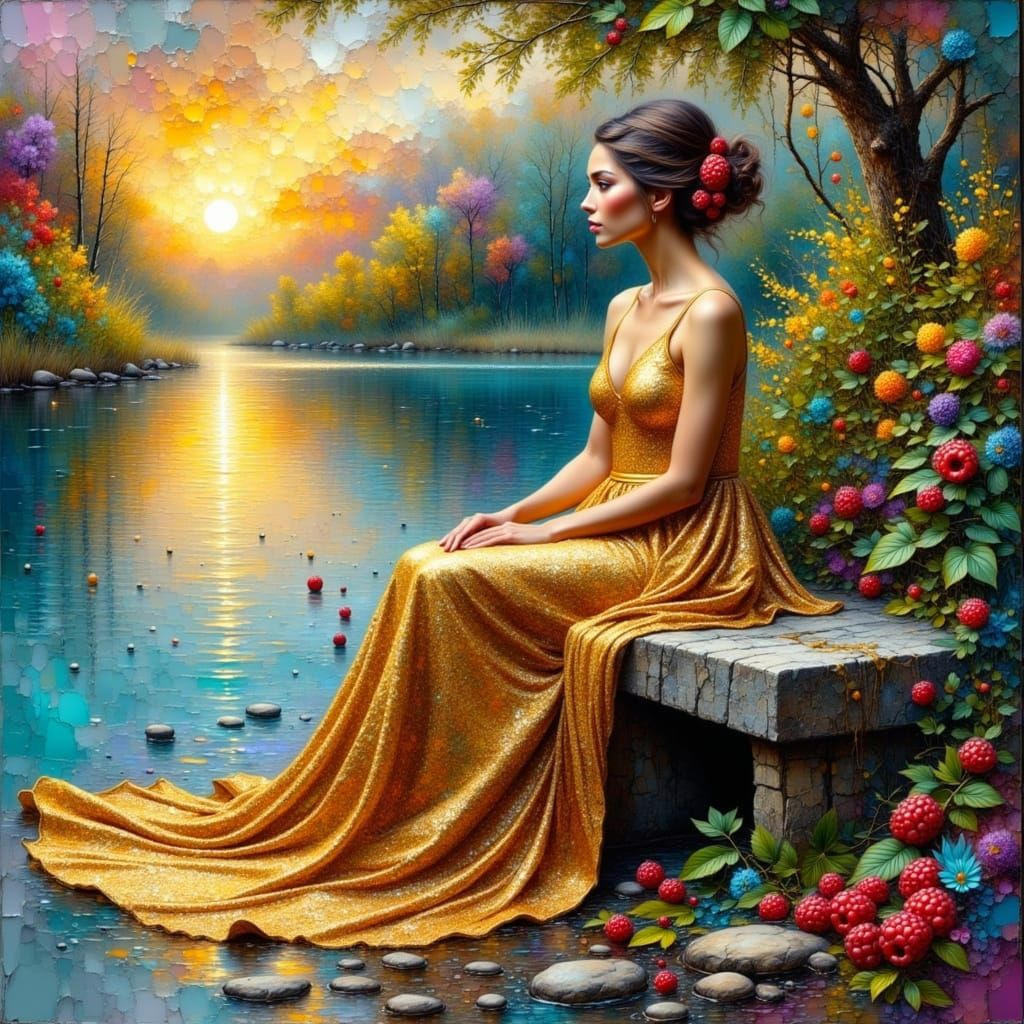 Golden Goddess Amidst Serene Lake and Sunset