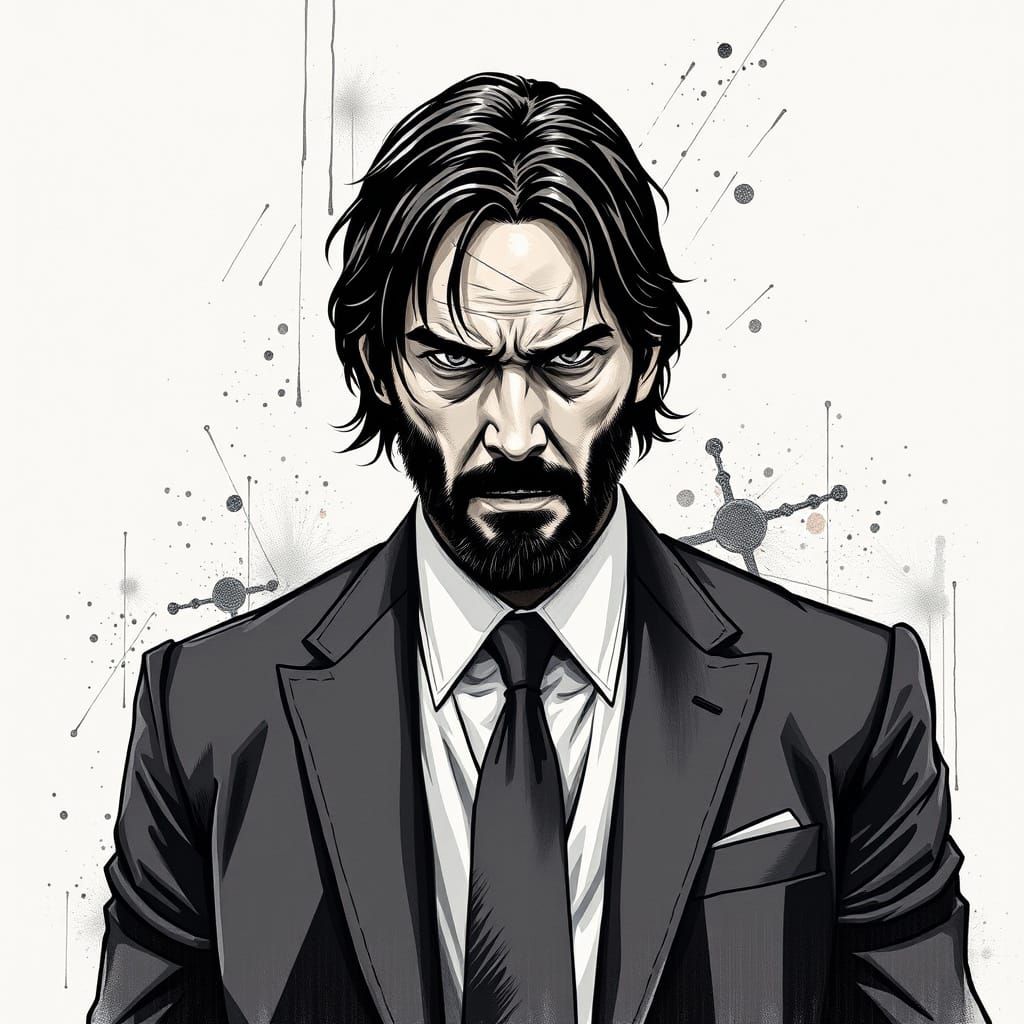 John Wick in Ink Drawing, Graphic Novel Style