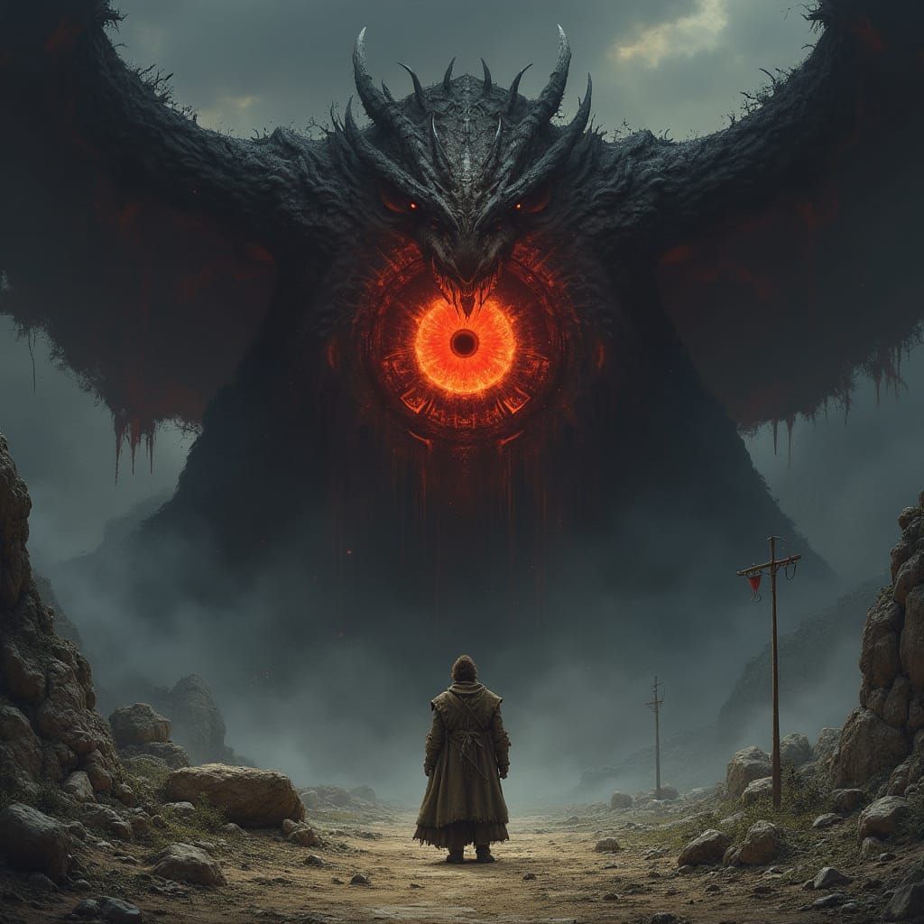 Dark Lord Sauron's Fiery Eye Confronts Frodo in Mordor