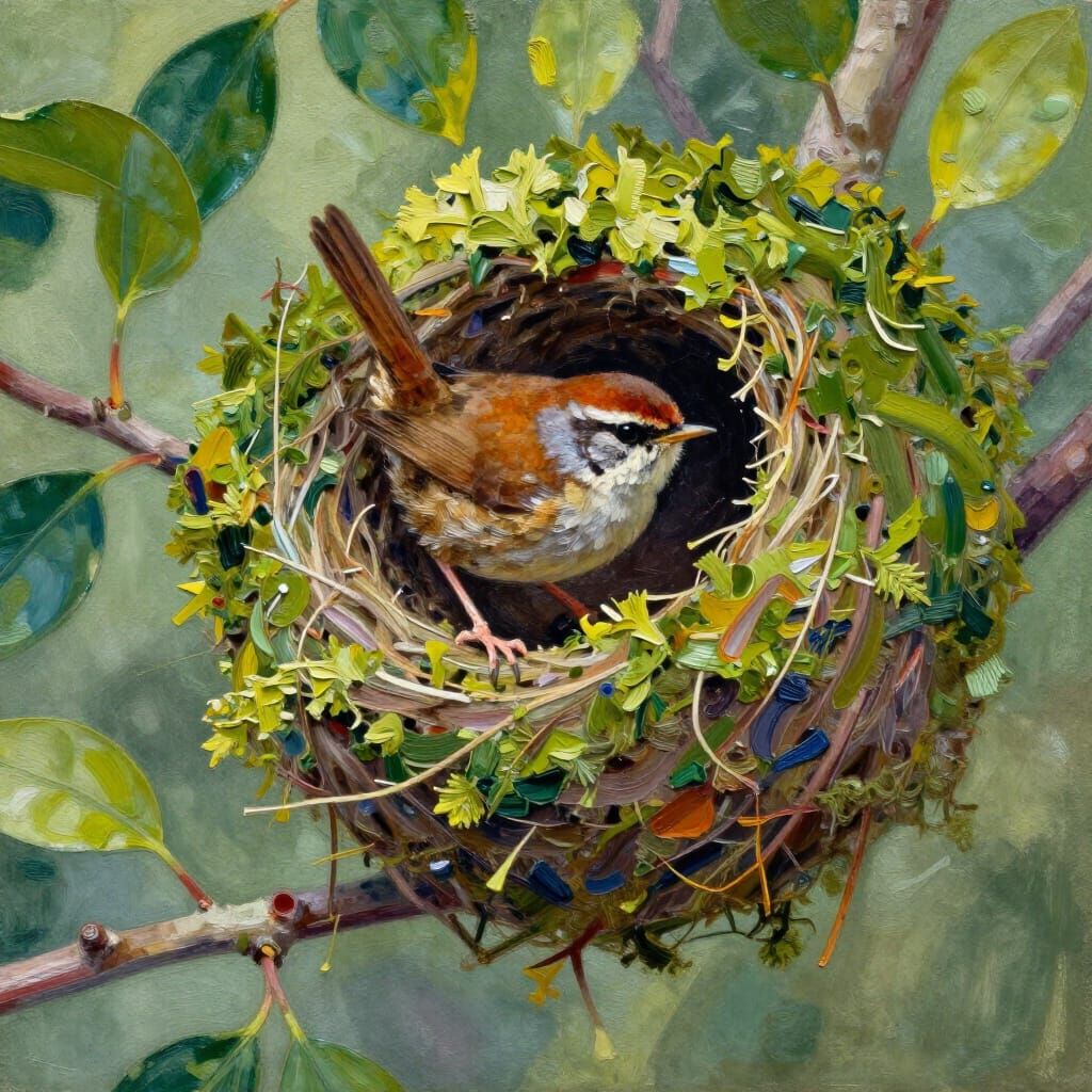 Tiny Wren Peering into Mossy Nest, Gouache and Watercolor