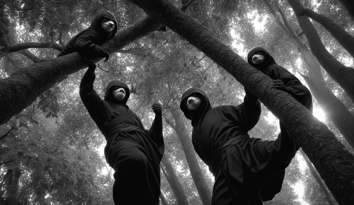 Sloths as Ninjas in Black and White 35mm Photo