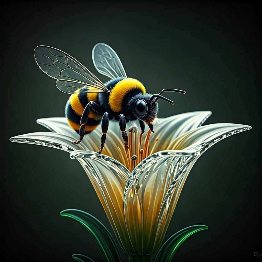 Glass Bumblebee on Crystal Lily: Hyperrealistic Digital Art