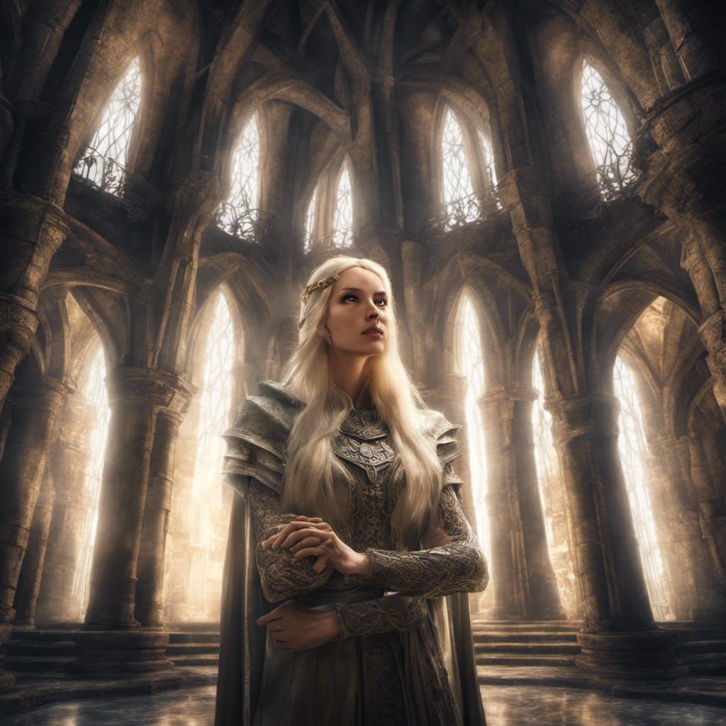 Hyperrealistic Elven Sorceress in Tower, Wide Angle