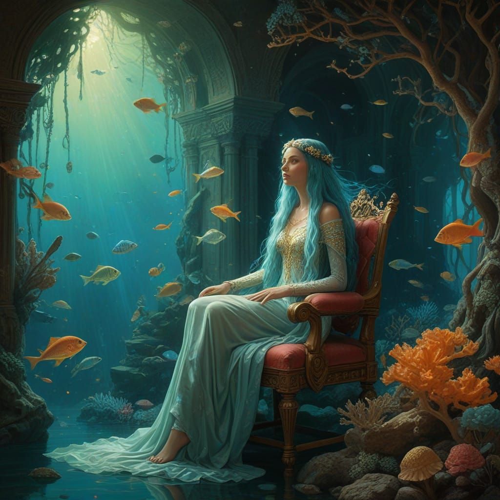 Underwater Goddess in a Coral Throne Scene