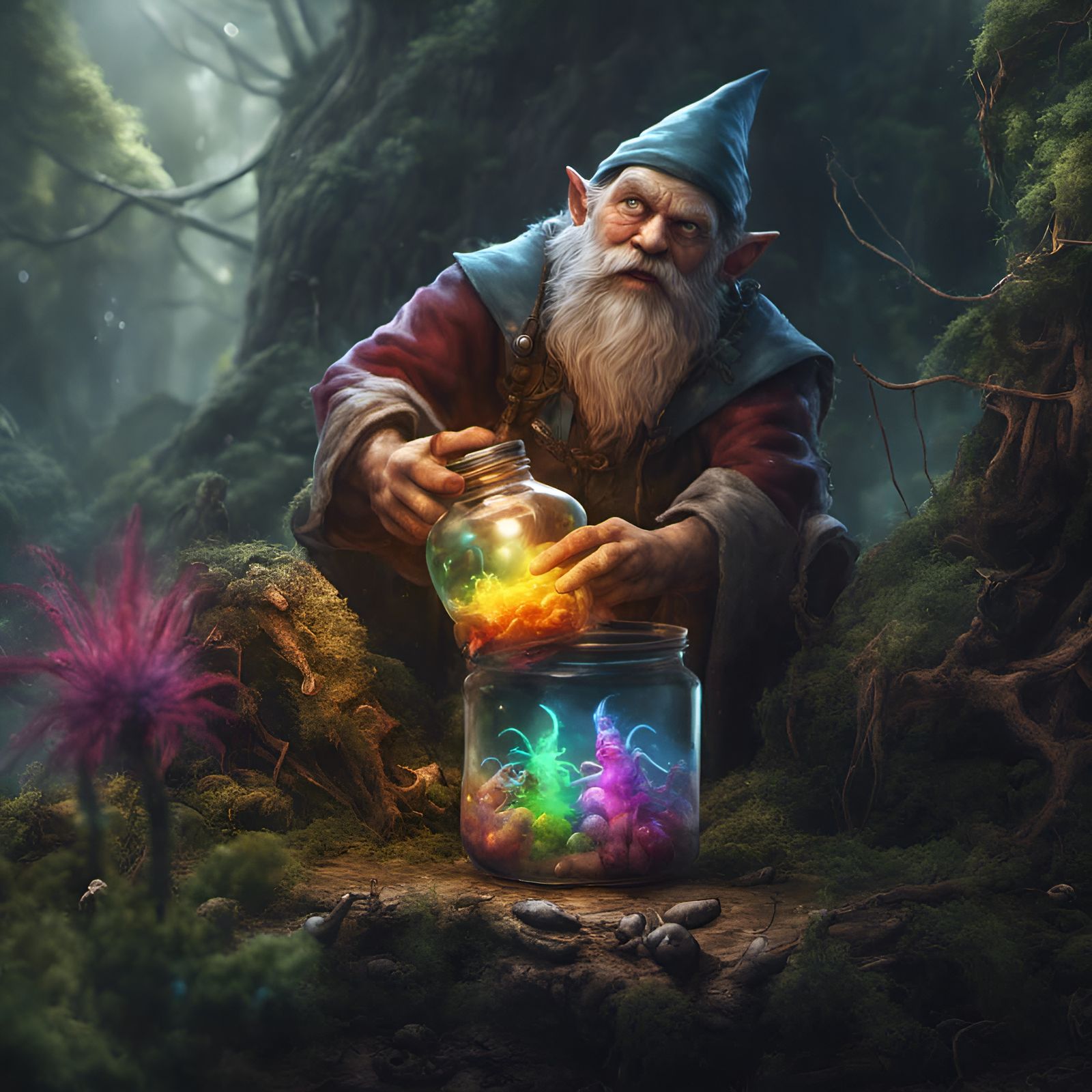 Gnome Wizard Fighting Spider with Rainbow Jar