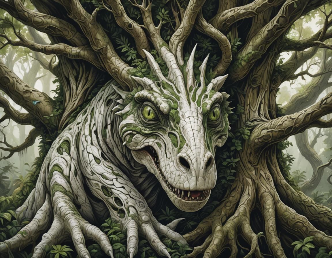 Mystical Tree with Tyrannosaurus Face Illustration