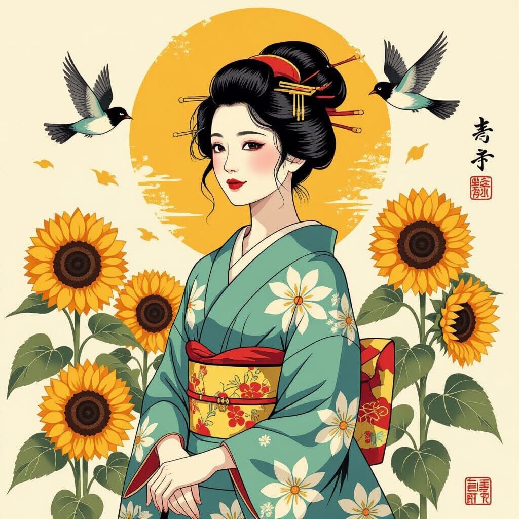 Woman in Sunflowers, Ukiyo-e Style