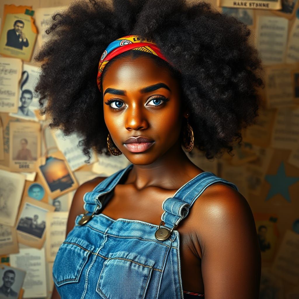 Confident Woman in Denim Overalls, Photorealistic Portrait