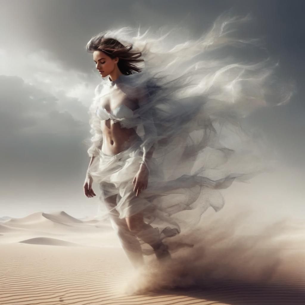 Girl Walks Against the Wind in Desert