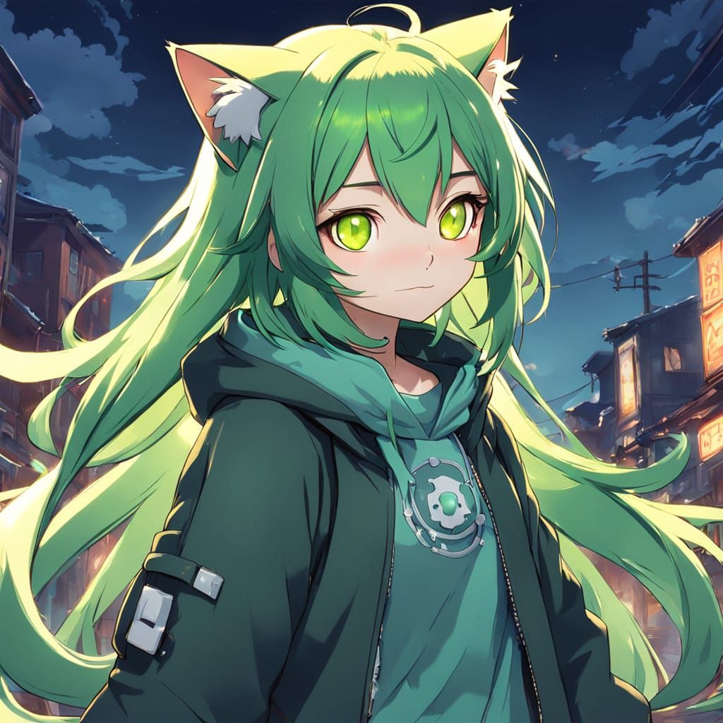 Catgirl in Vibrant Green and Yellow Manga Style