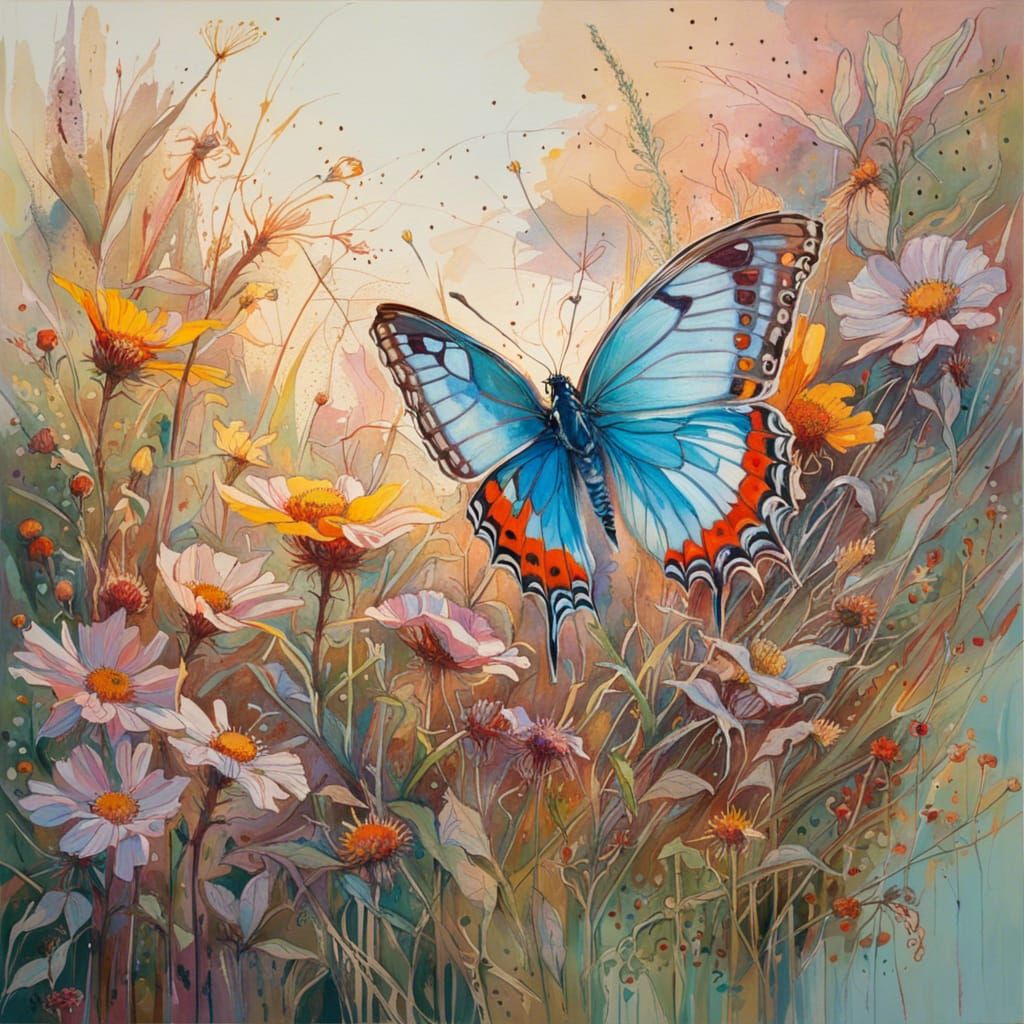 European Roller with Wildflowers in Morning Light