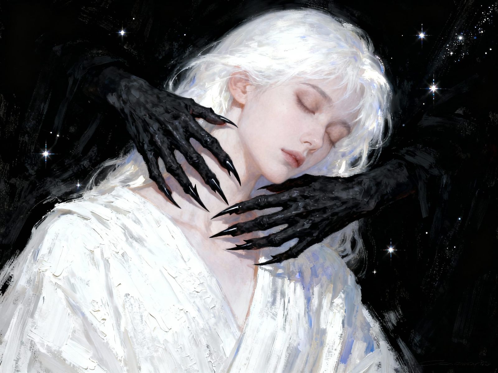 Impressionist Painting of Woman Touched by Shadow Hands