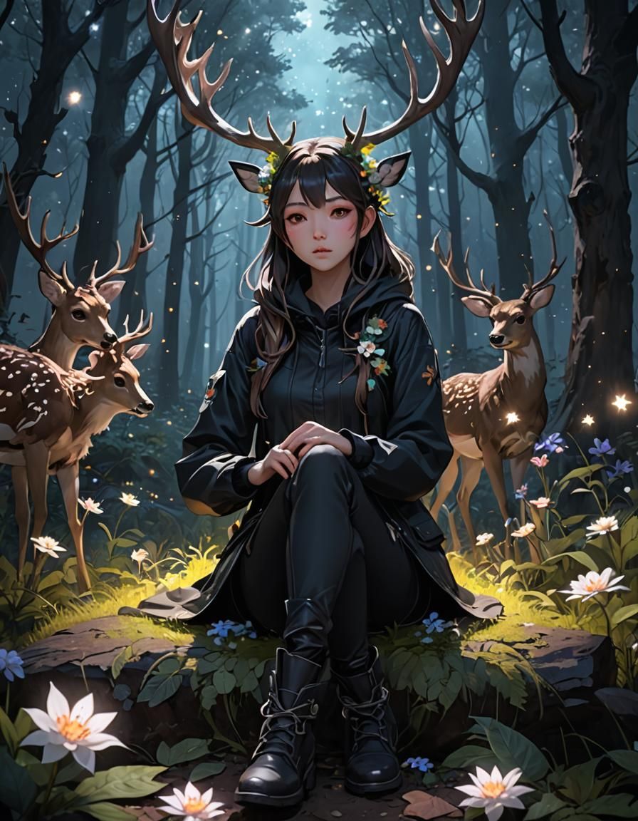 A girl with deer antlers.