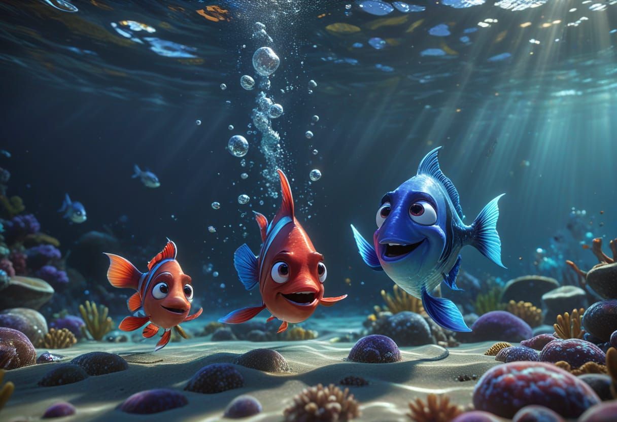 Vibrant 3D Cartoon Fish in Mid-Conversation