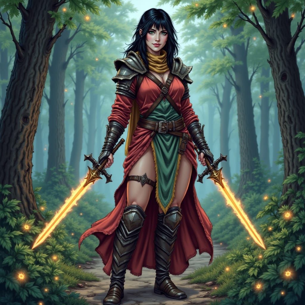 Majestic Warrior with Glowing Swords in Fantasy Forest