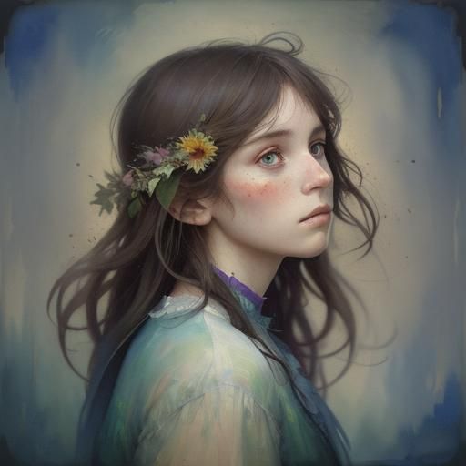 Full-Body Portrait in Gouache and Watercolor Style