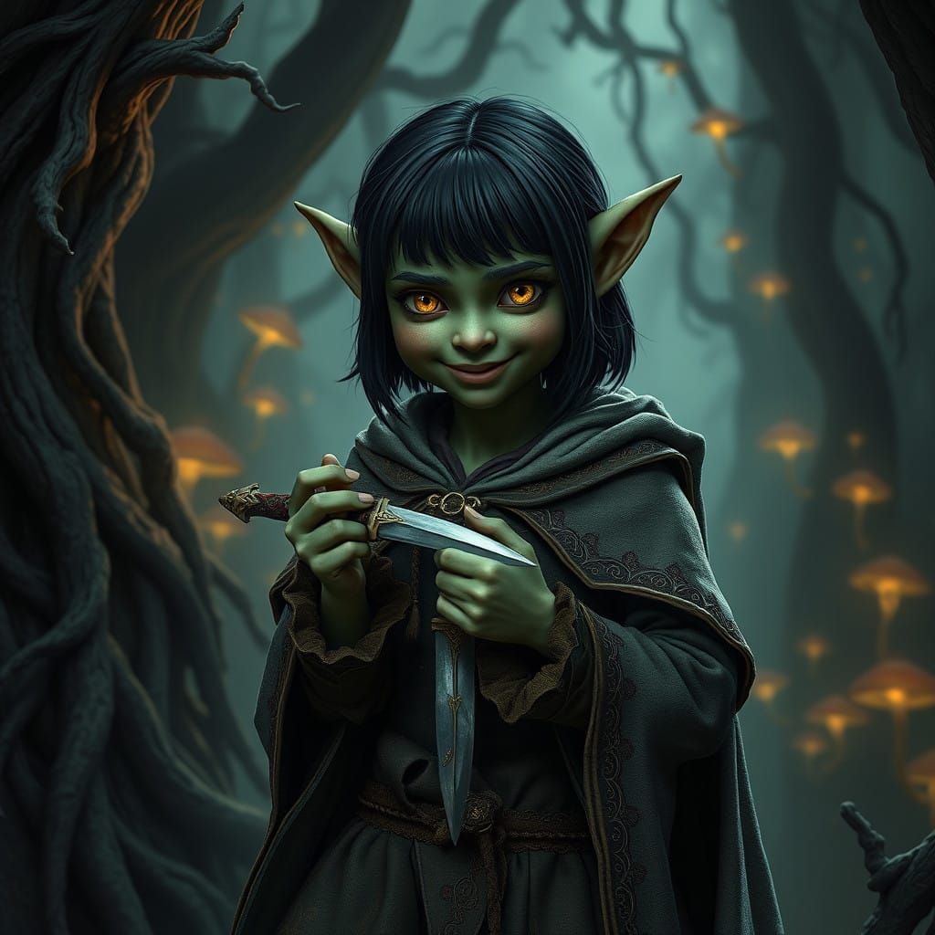 Dark Green Goblin Maiden in Medieval Fantasy