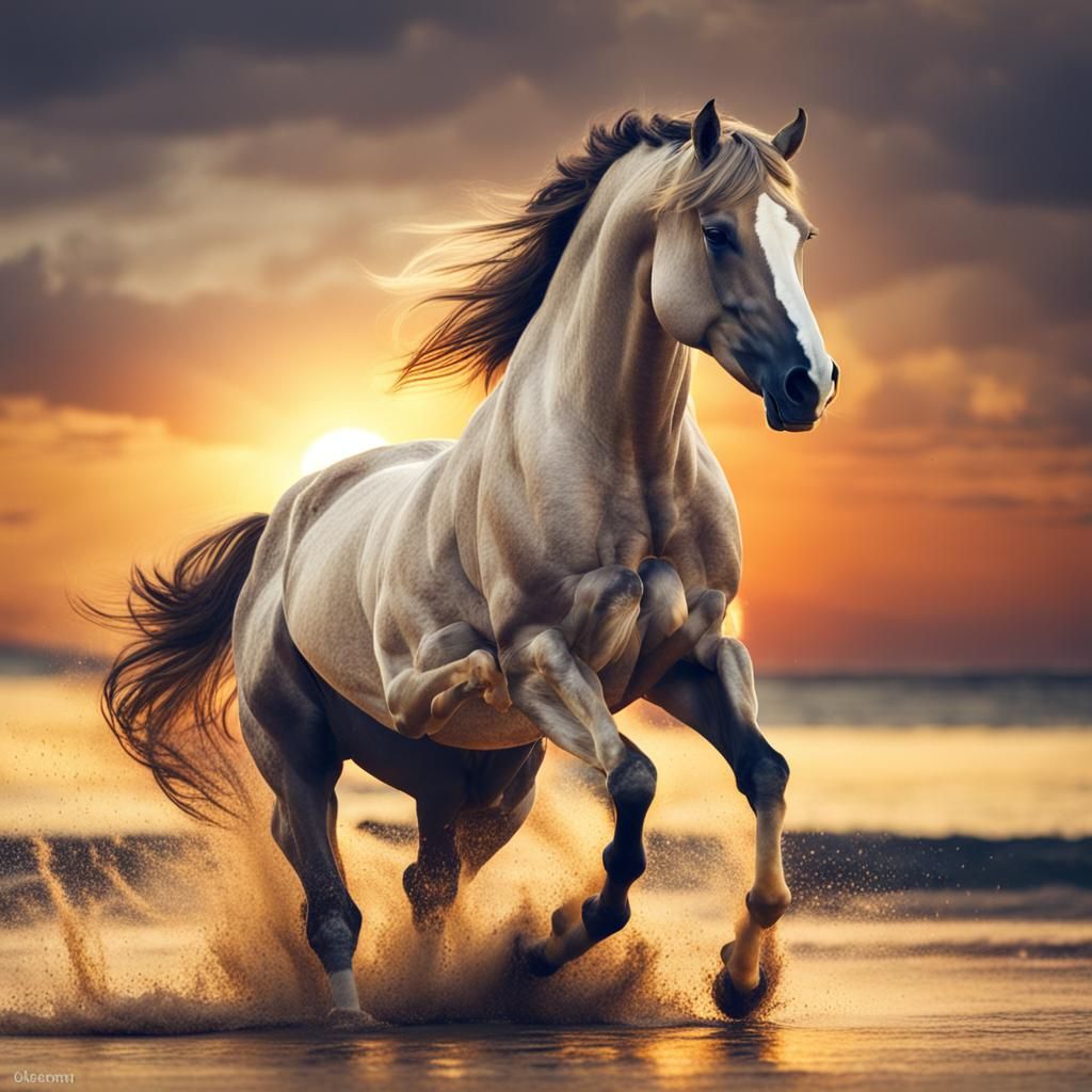 Horse Rearing on Beach at Sunset
