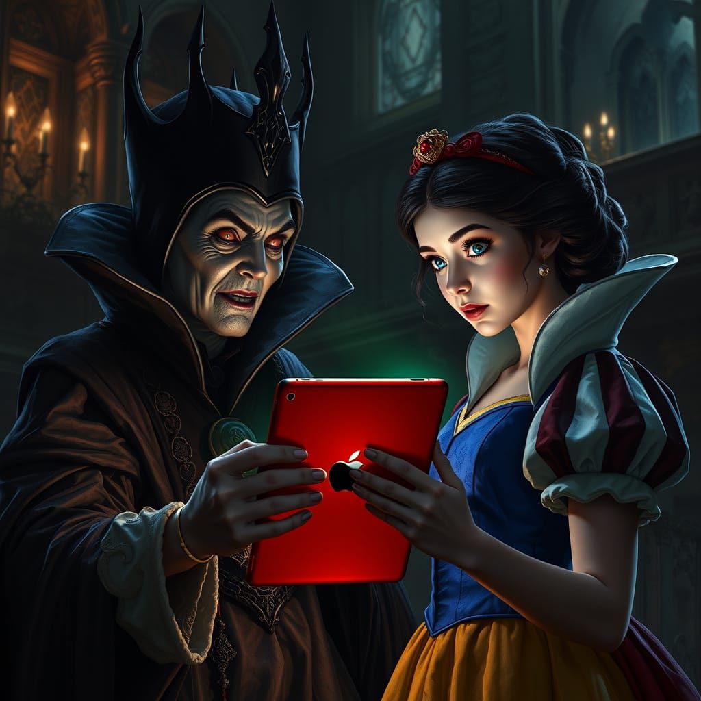 Evil Queen Offers Snow White an iPad in Dark Fantasy Style