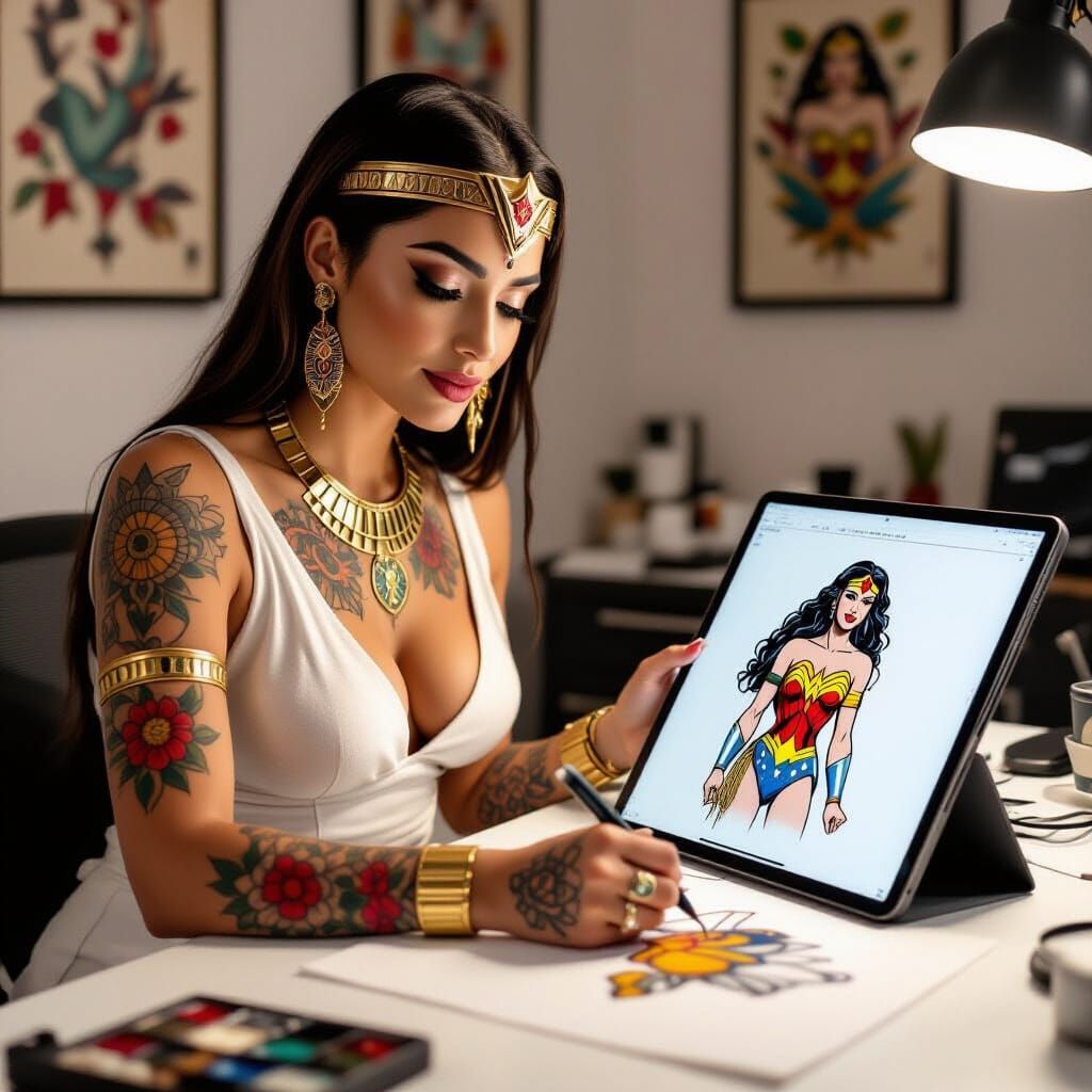 Cleopatra as Tattoo Artist Sketching Wonder Woman