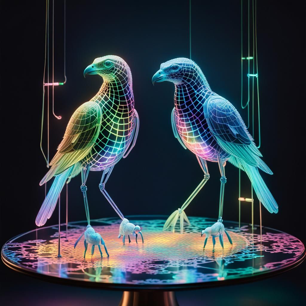 Luxurious Glowing Holographic Birds in Art Deco Style