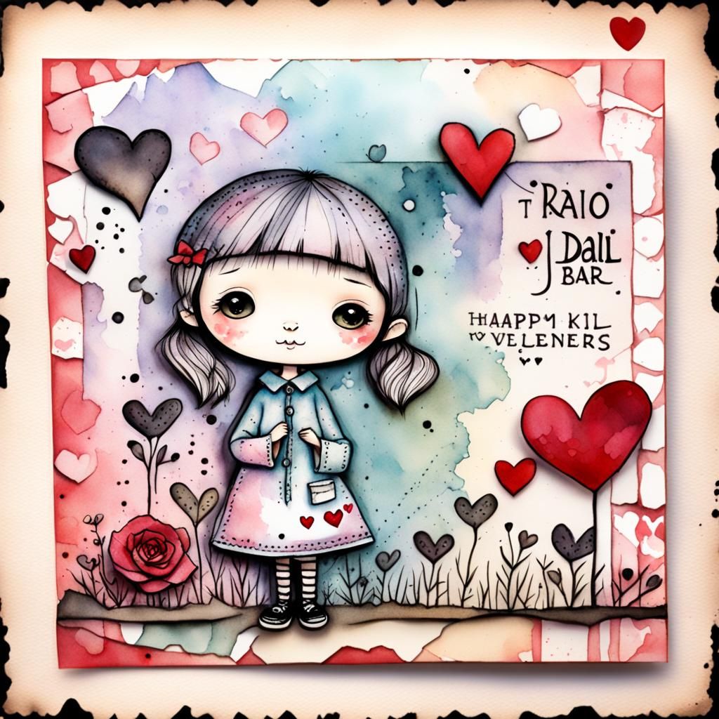 Kawaii Valentine's Card with Children in Pastel Watercolor