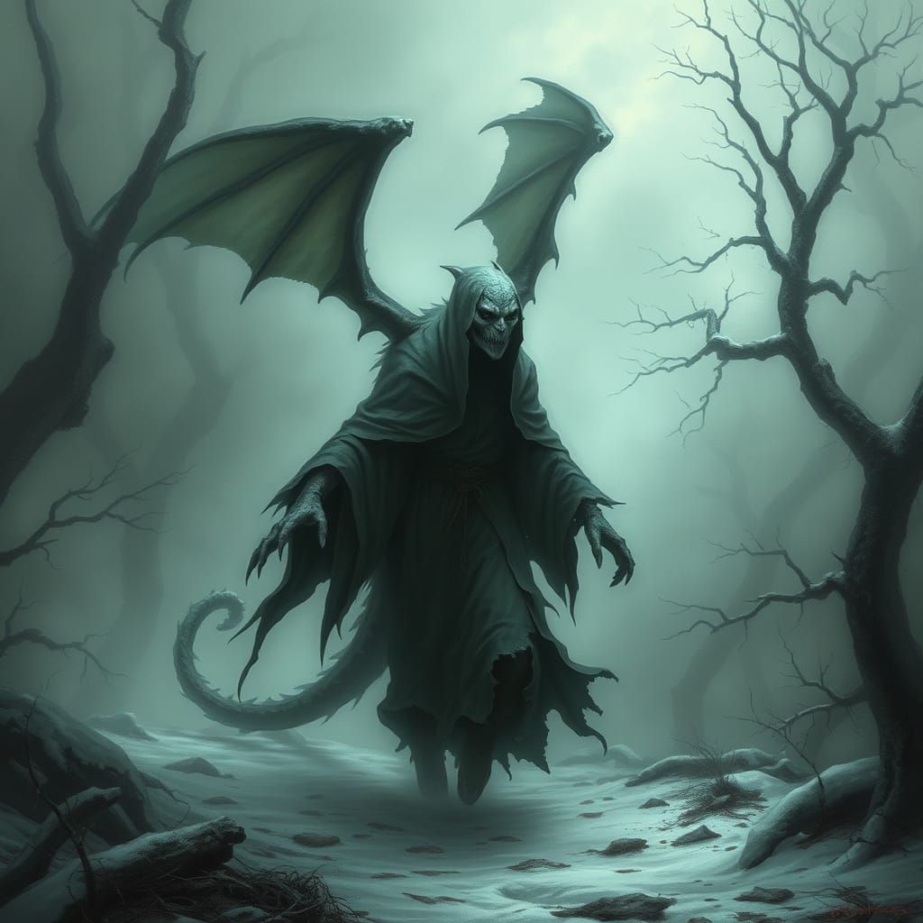 Ethereal Dragon in Haunted Winter Forest, Mystical Realism
