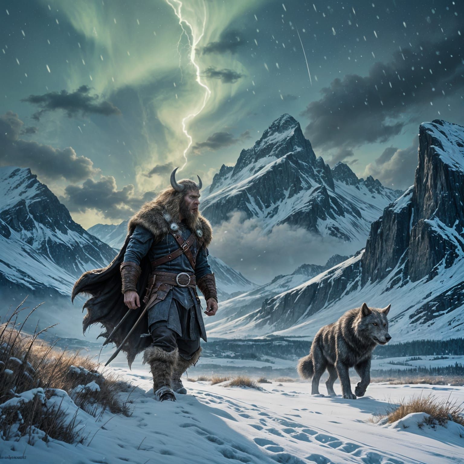 Viking Werewolf in Snowy Field Under Storm