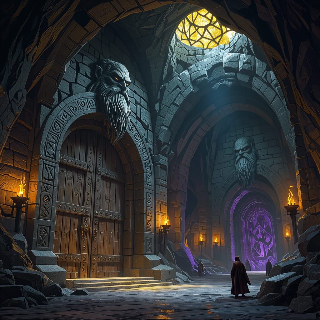 Dwarven Mines Interior with Grand Doors and Stone Statues