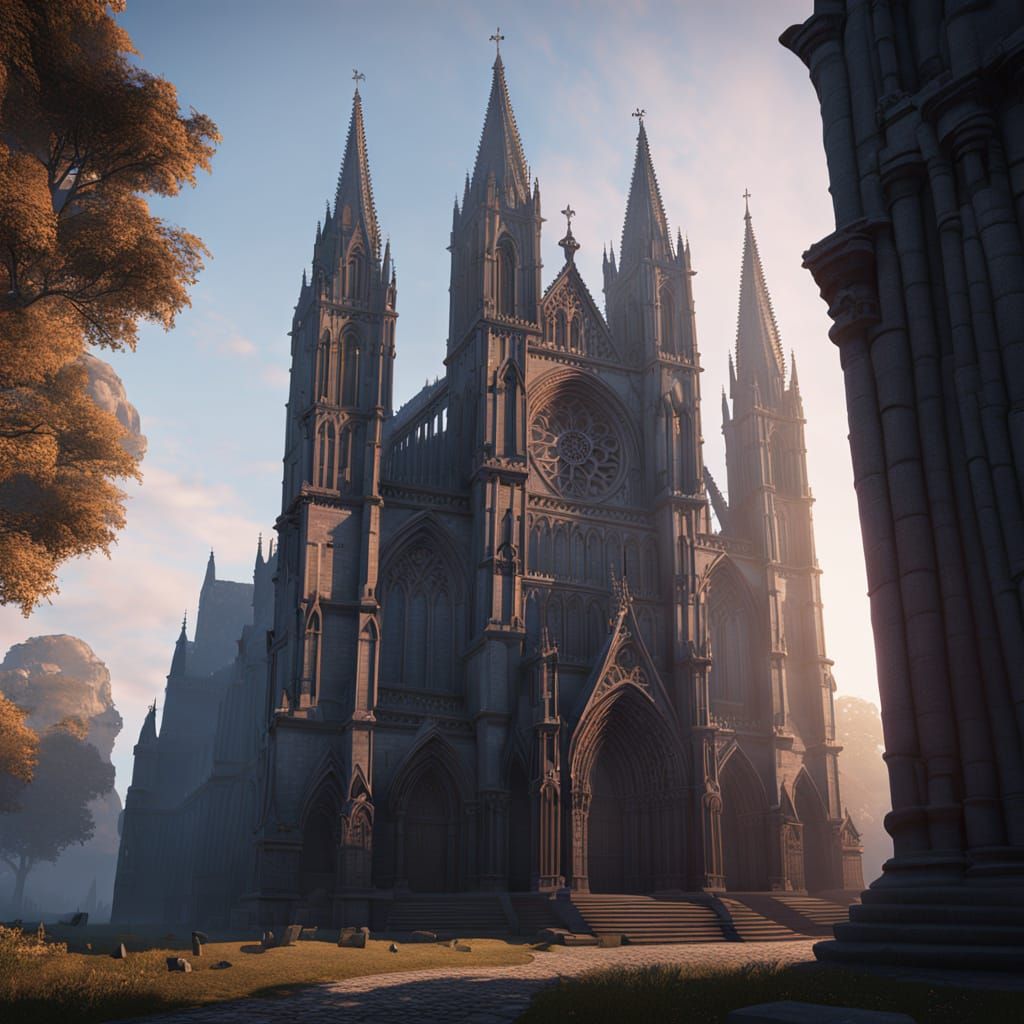 Gothic Cathedral in Misty Landscape, Cinematic Film Still