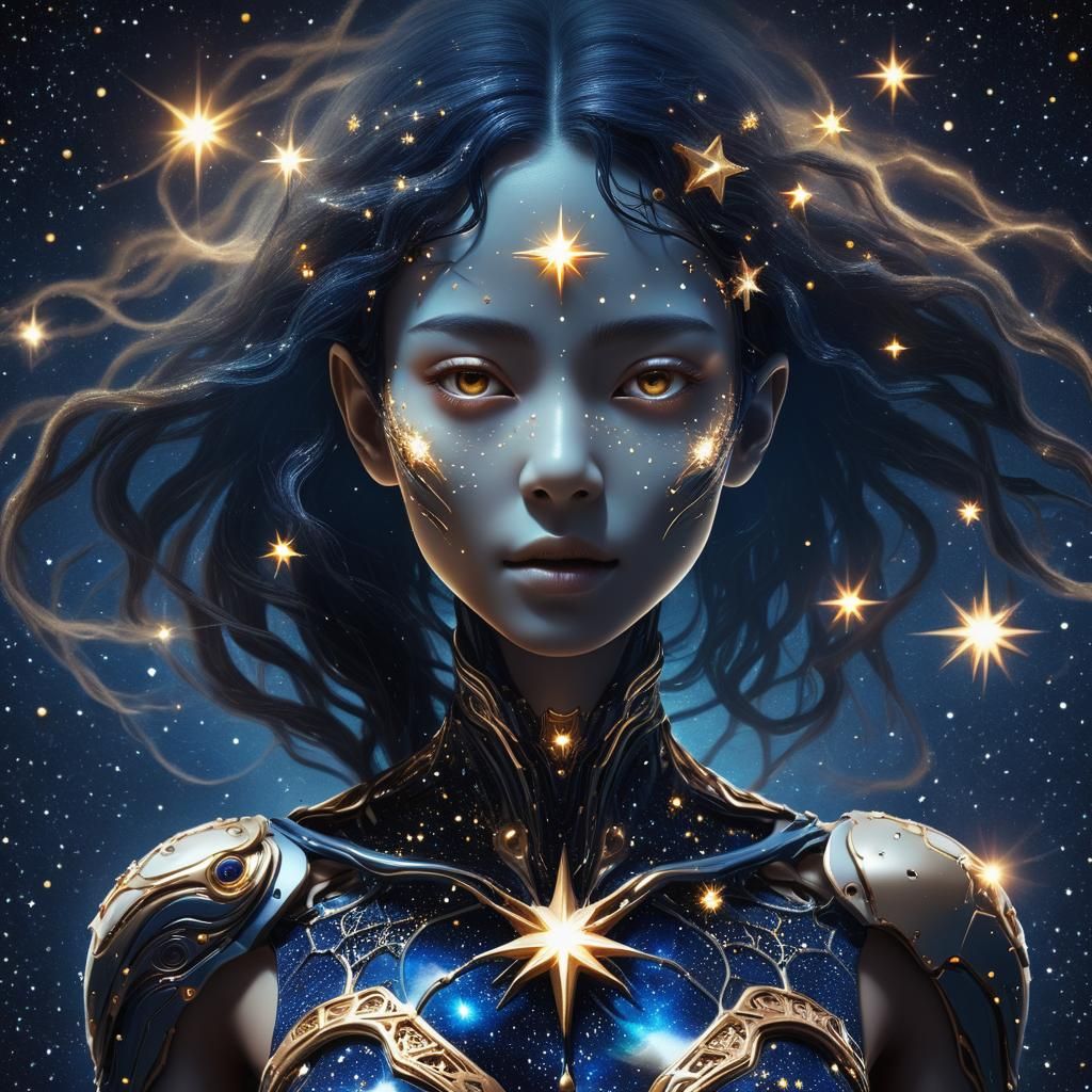 Celestial Woman Melds with Starry Sky