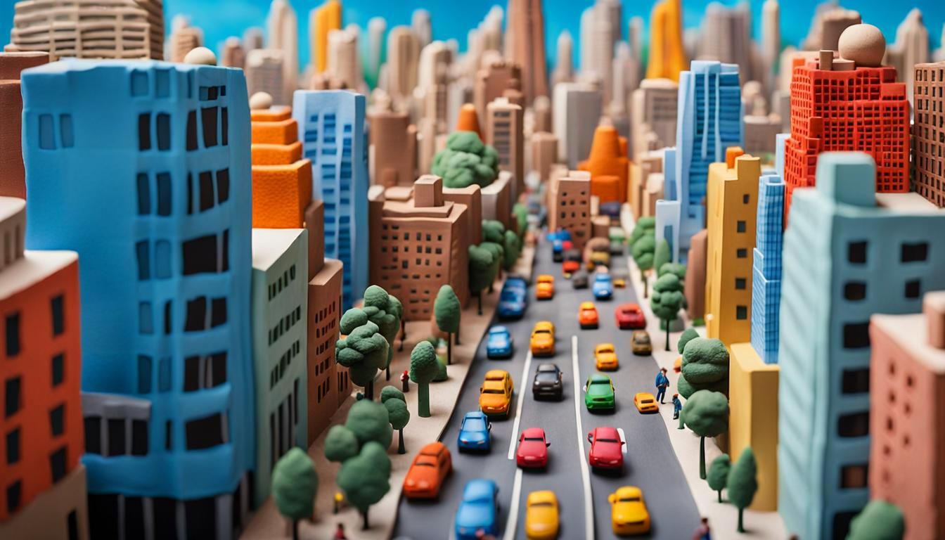 Vibrant Claymation Cityscape in Mixed Media Collage Style