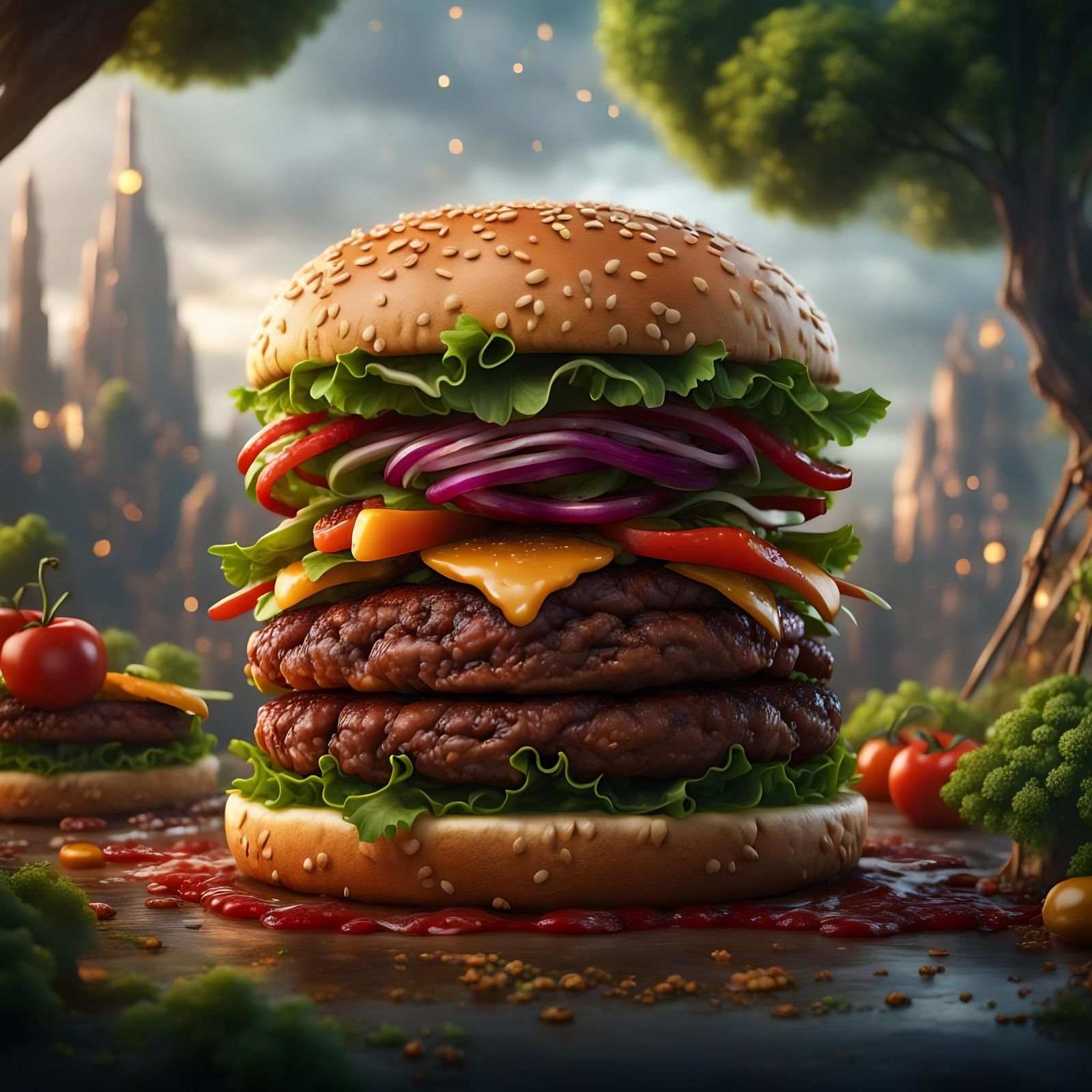 Hamburger with Vegetables: Detailed Matte Painting