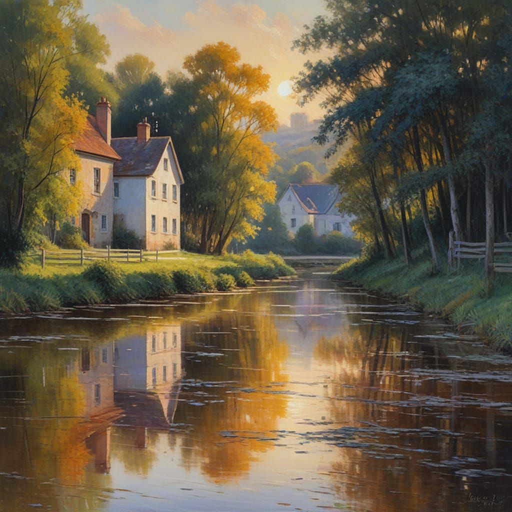 Impressionist Village River Under Rising Sun