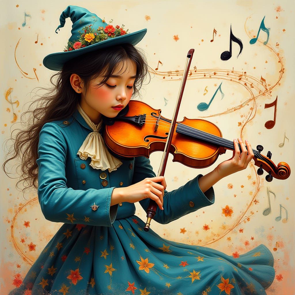 Violinist Among Whimsical Musical Notes