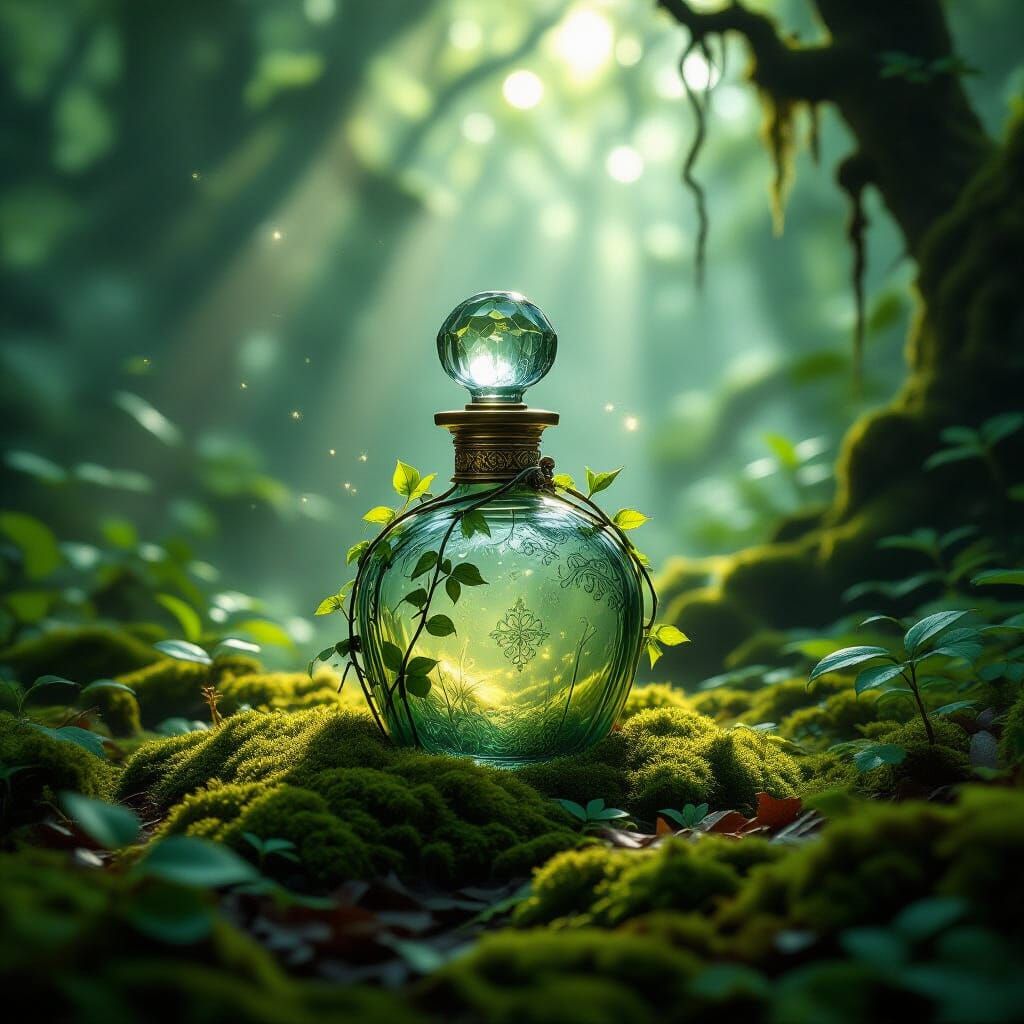 Mossy Perfume Bottle in Sunlit Forest